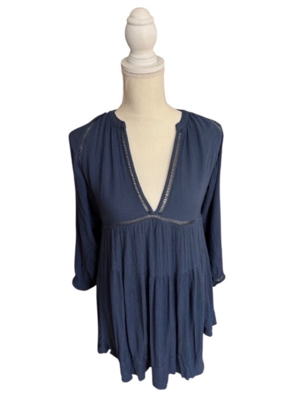 Free People Go Lightly Blue Deep V Swing Mini Dress Boho XS